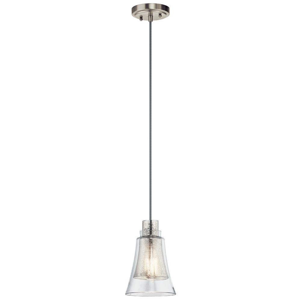 Kichler 43629NI Evie 8.25" 1 Light Mini Pendant with Bell Shaped Shaped Clear Outer and Antique Mercury Inner Glass in Brushed Nickel